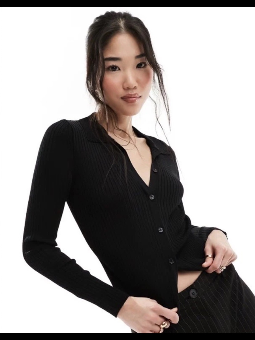 Abercrombie & Fitch Slim Black Ribbed Button Cardigan polo Long sleeve Top